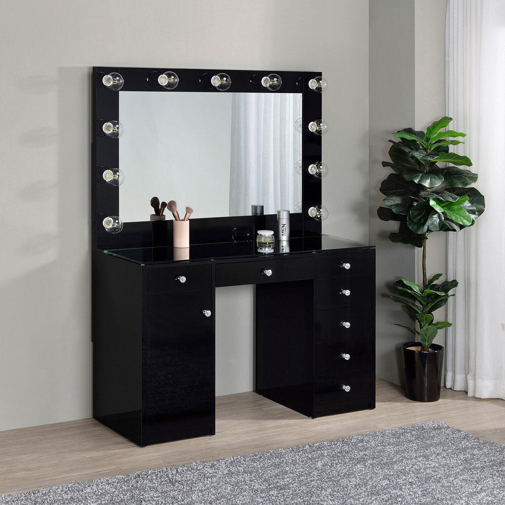 Acena 7-drawer Vanity Set With Lighting Black High Gloss - Coaster model 931144