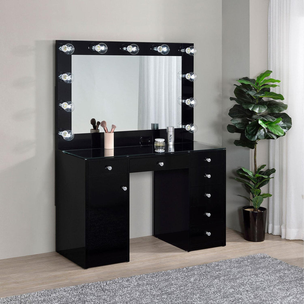 Acena 7-drawer Vanity Set With Lighting Black High Gloss - Coaster model 931144